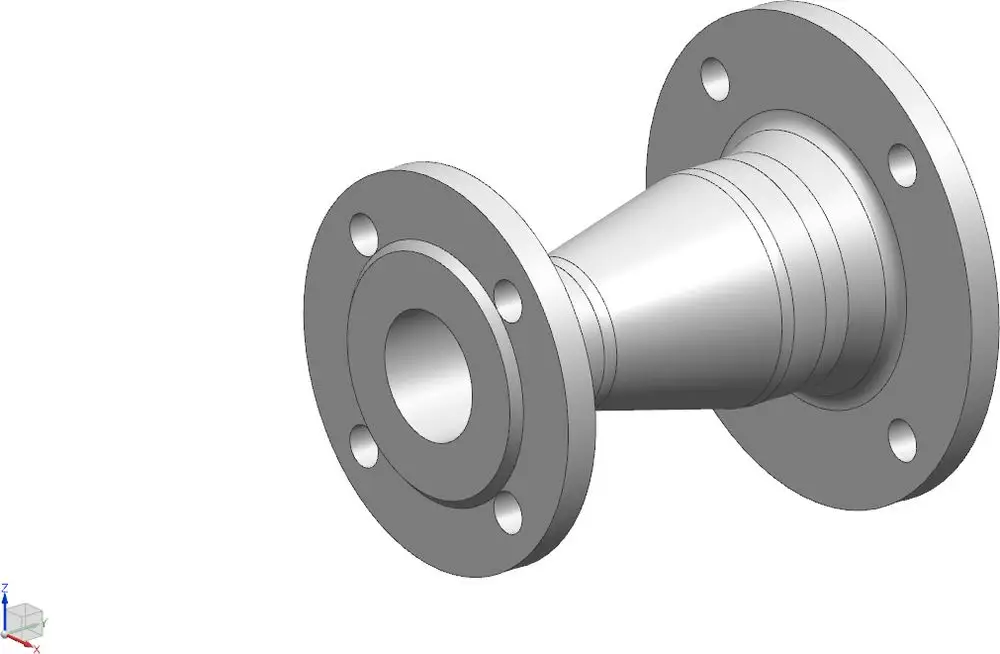 Pumpenanschluss mit zwei Flanschen und konischer Form. Das Produkt ist für die Installation in Pumpensystemen vorgesehen. Geeignet für Anwendungen von Bosch.
